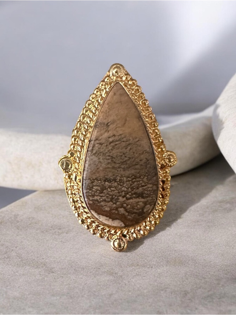 Gold Teardrop Brown Stone Statement Ring - Women Jewelry